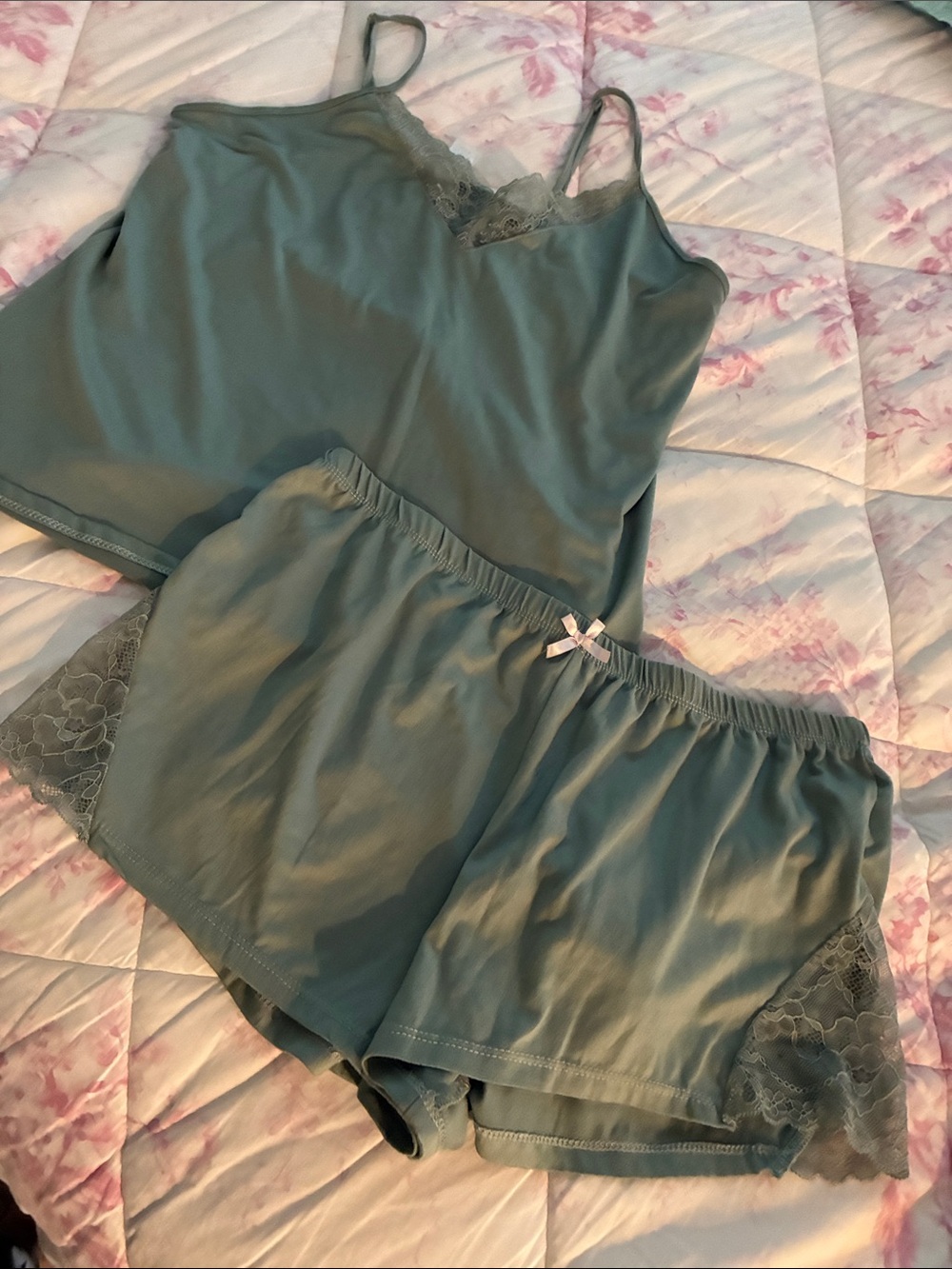 Flora Nikrooz Satin Lace Cami and Shorts Set - Sage Green